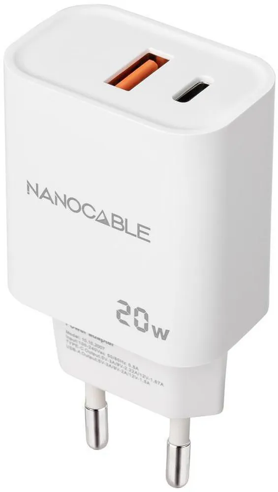 Carregador Nanocable USB-C/PD + USB-A/QC 20W Branco