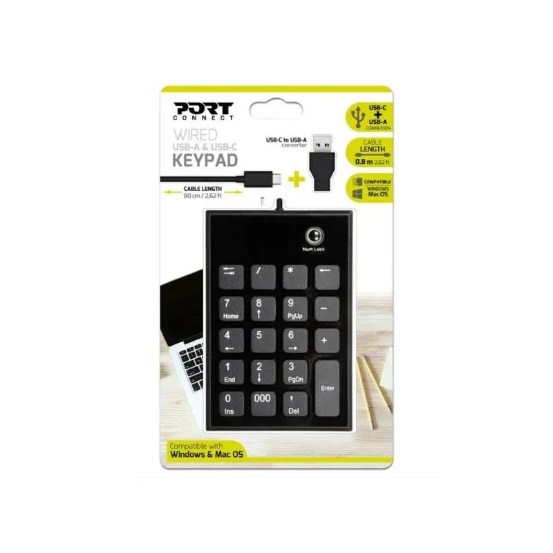Teclado numérico Port Designs 900801 portátil USB-C USB-A leve preto design compacto