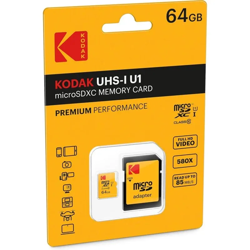 Kodak Premium Perfomance Cartão de Memória MicroSDXC 64GB Classe 10 com Adaptador