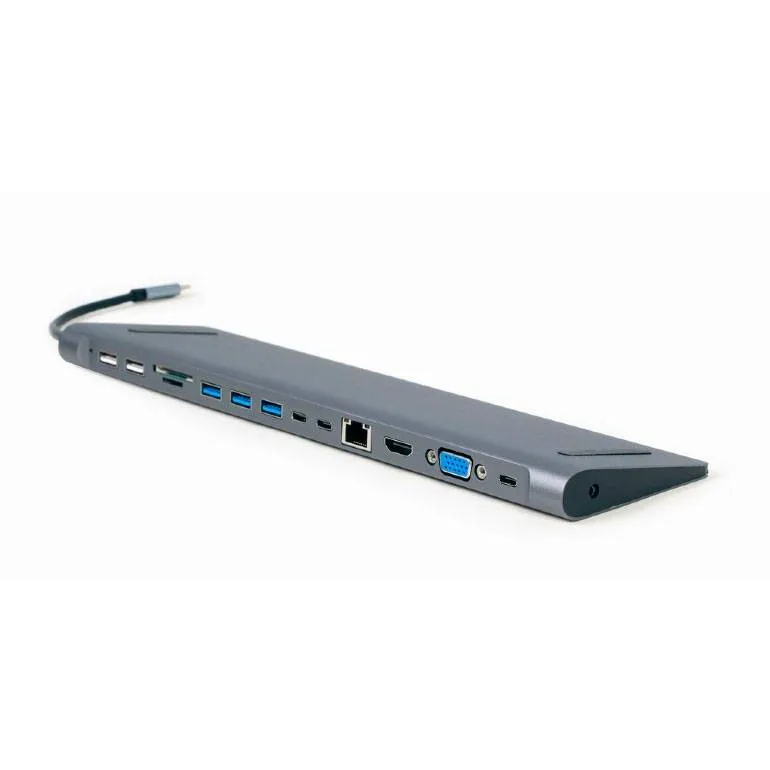 Adaptador USB-C Gembird A-CM-COMBO9-01 9-em-1 p/ HDMI + VGA + DP + 3-Portas USB-C + 3-Portas USB-A 3.1 + RJ45 + Jack 3.5mm + MicroSD
