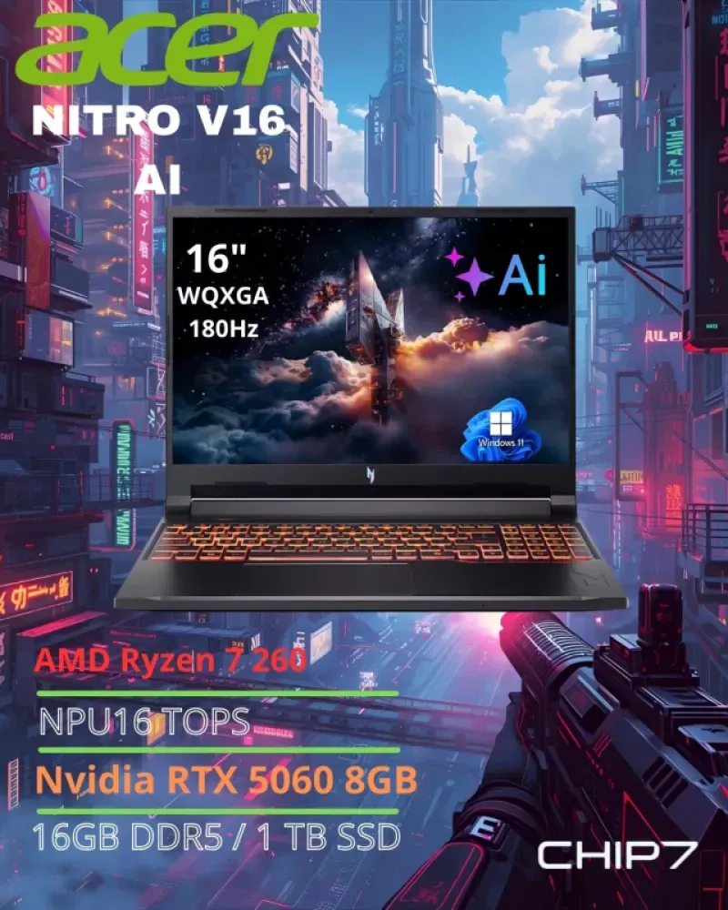 Portátil ACER Nitro V16 AI - AMD Ryzen 7 260 / NPU 16 TOPS / Nvidia Rtx 5060 8GB / 16GB DDR5 / 1TB SSD / 16" IPS / WQXGA / 180Hz / Windows 11 - ANV16-42-R4V2