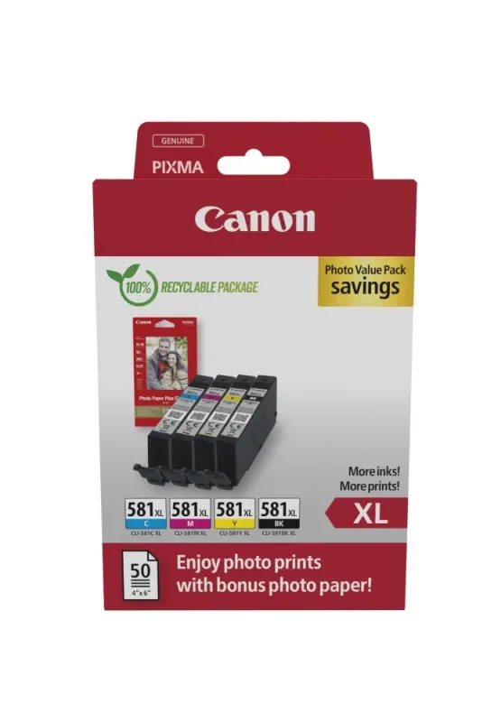 Pack económico de tinteiro Canon CLI-581XL BK/C/M/Y de alto rendimento + papel fotográfico