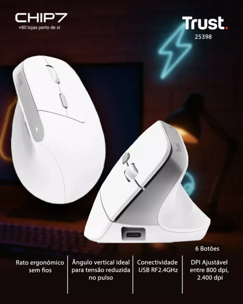 Rato Wireless Trust BAYO II Vertical Ergonómico 2400 DPI Branco