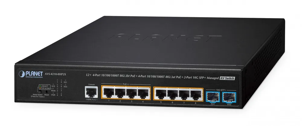 PLANET L2+ 4-Port 10/100/1000T 802.3bt PoE + 4-Port AVS-4210-8HP2X