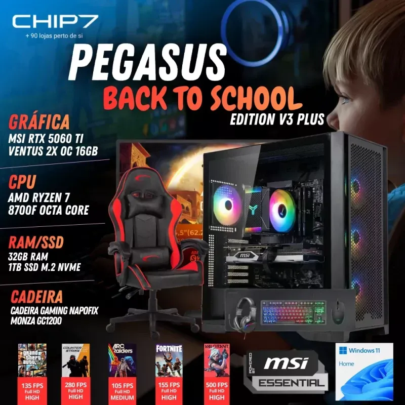 COMPUTADOR GAMING - AMD Ryzen 7 8700F / NVIDIA RTX 5060 TI 16GB / 32GB RAM / 1TB SSD / Windows 11 Home / Cadeira Gaming Napofix Bari GC1100 / Bundle Mars Gaming MCPRGB3 / Monitor AOC 24.5" FHD 0.5ms 180 Hz - CHIP7 Pegasus Back To School Edition V3 Plus