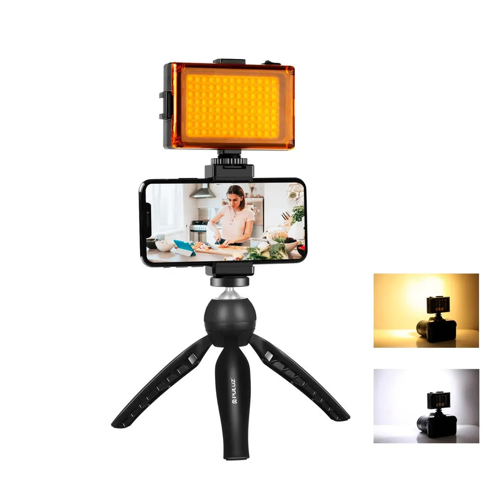Puluz Conjunto de tripé de gravação ao vivo com lâmpada LED PKT3131B + lâmpada LED + clipe para telefone PKT3131B