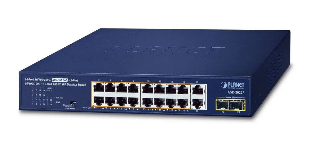 PLANET 16-Port 10/100/1000T 802.3at Unmanaged Gigabit GSD-2022P