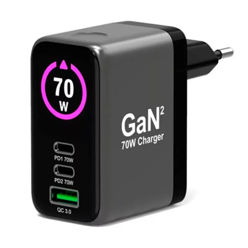 PORT CARREGADOR GAN 2xUSB-C 1xUSB-A 70W OLED DISPLAY INCLUI CABO 2MTS