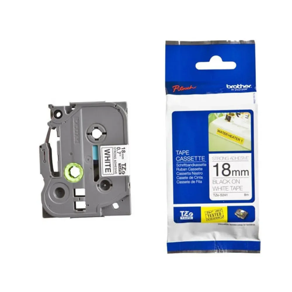Fita BROTHER Laminada Super Adesiva c/ texto Preto e fundo Branco 18mm