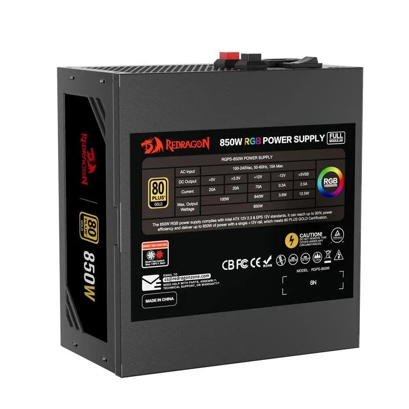 Fonte Alimentação Fuente de Alimentação Redragon GC-PS007-1-V2 850W 80 Plus Gold RGB