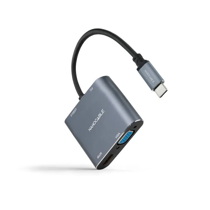 Adaptador Nanocable USB-C > HDMI + VGA + USB3.0 + USB-C (PD 60W) 15CM Cinzento Compatível c/ Thunderbolt 3