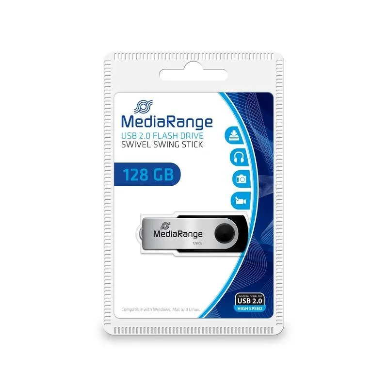 Pen USB MediaRange MR913 128 GB USB 2.0 Tipo A Giratório Preto Prateado