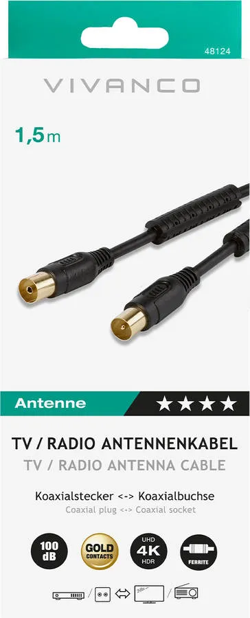 Cabo Coaxial VIVANCO Antena Gold 150CM (Preto)