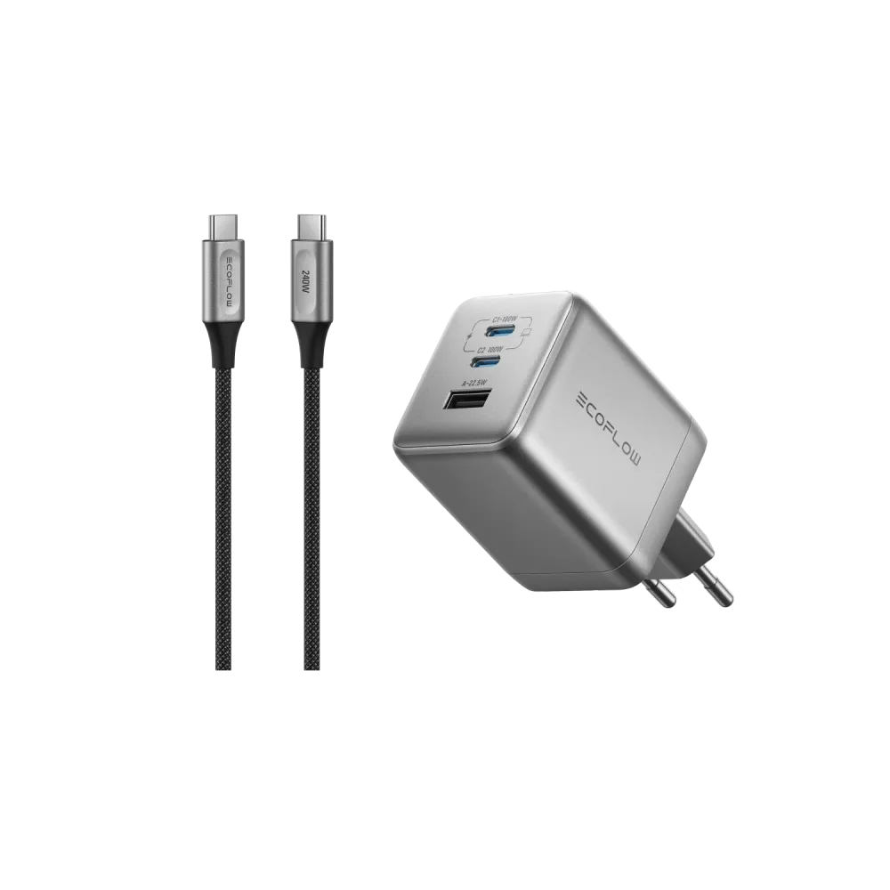 Carregador EcoFlow RAPID Pro (100W, 3 Portas, GaN) - EcoFlow RAPID Pro (100W, 3 Portas, GaN) + Cabo Nylon 240W USB-C para USB-C