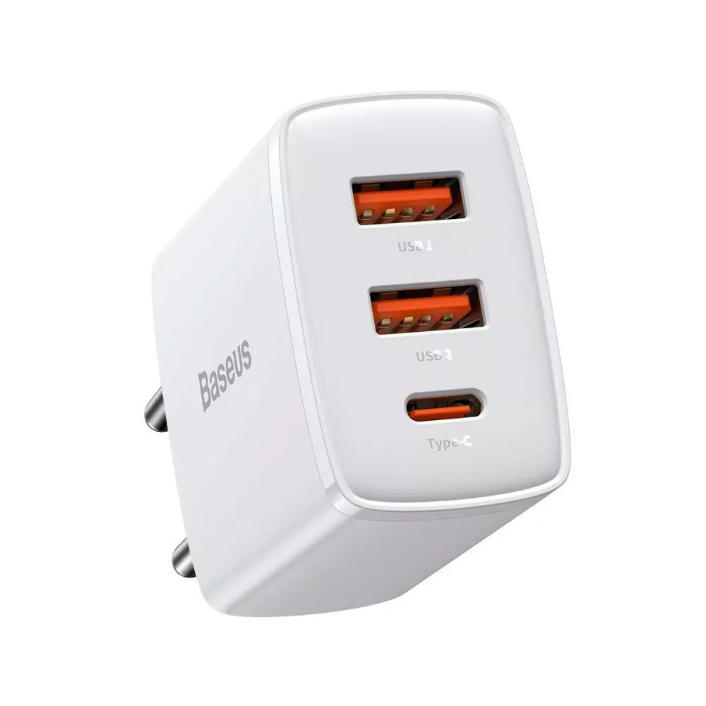 Carregador Baseus Compact Fast Charge 2xUSB-A 1xUSB-C 30W Branco