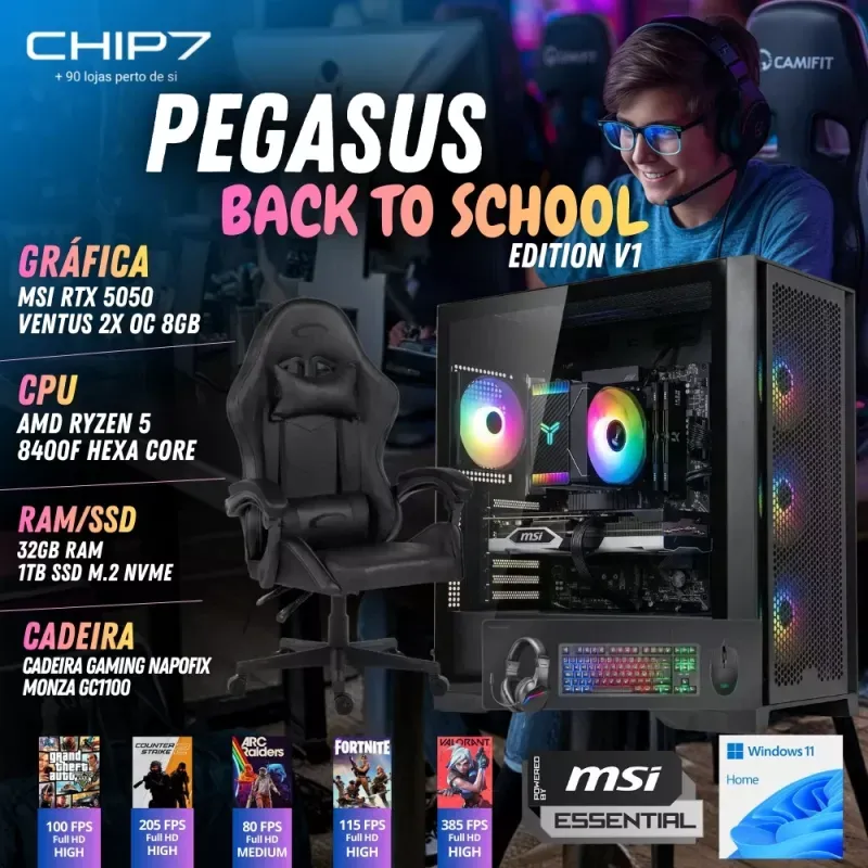 COMPUTADOR GAMING - AMD Ryzen 5 8400F / NVIDIA RTX 5050 8GB / 32GB RAM / 1TB SSD / Windows 11 Home / Cadeira Gaming Napofix Bari GC1100 / Bundle Mars Gaming MCPRGB3 - CHIP7 Pegasus Back To School Edition V1 Powered By MSI
