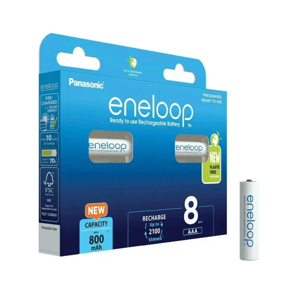 Pilhas Panasonic Eneloop Recarregáveis AAA 800mah (8 Unidades) - BK-4MCDE/8HH
