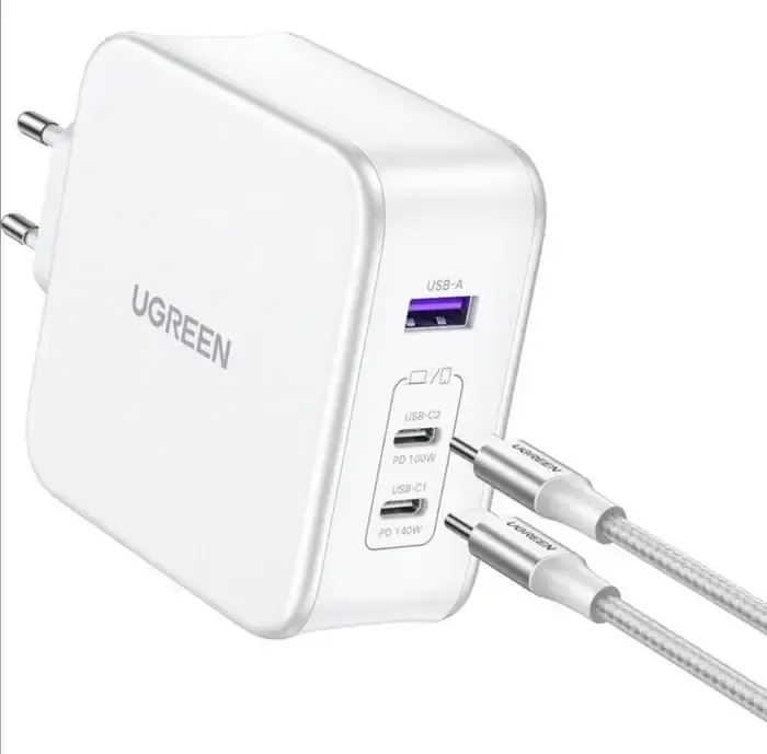 Carregador UGREEN Nexode Dual USB-C + USB-A 140W PD GaN Branco + Cabo USB-C 1.5m