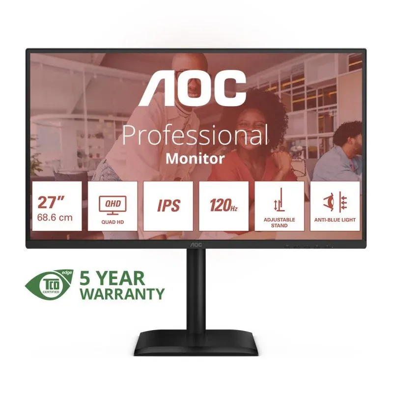 AOC Q27E4U Monitor 27" QHD 120Hz IPS Low Blue Light VESA USB com Altura Ajustável e Altifalantes