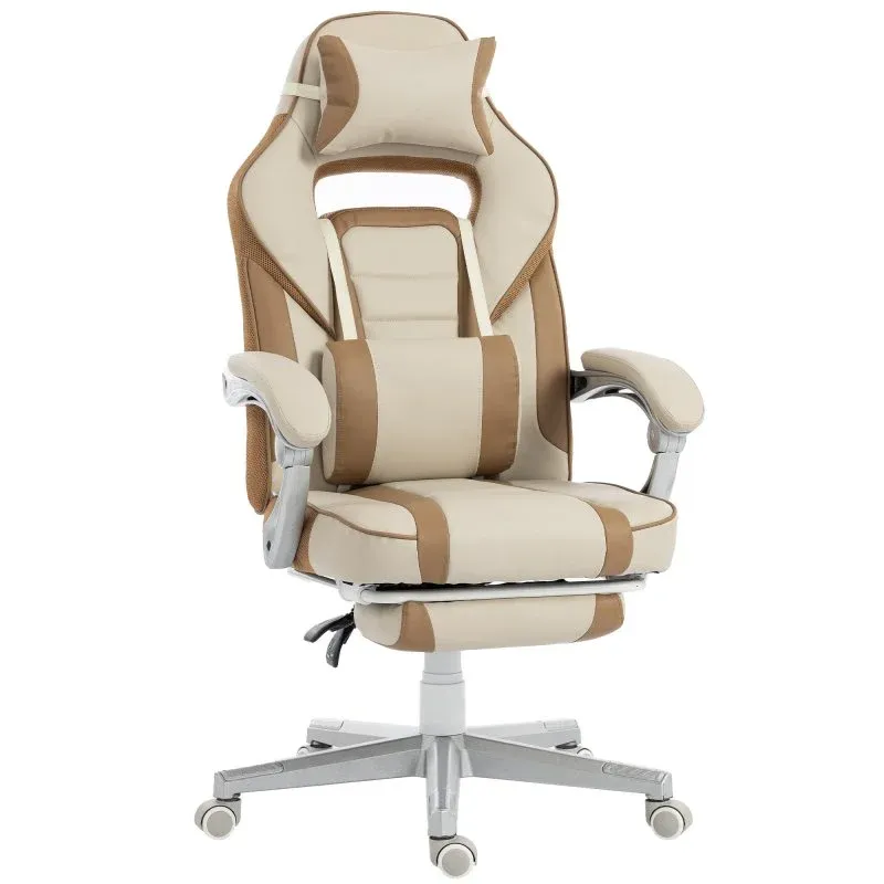 Cadeira gaming reclinável Homcom com apoio para os pés retrátil e suporte lombar, cor creme.