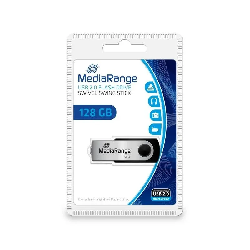 Pen Drive Pen USB MediaRange MR913 128 GB USB 2.0 Tipo A Giratório Preto Prateado