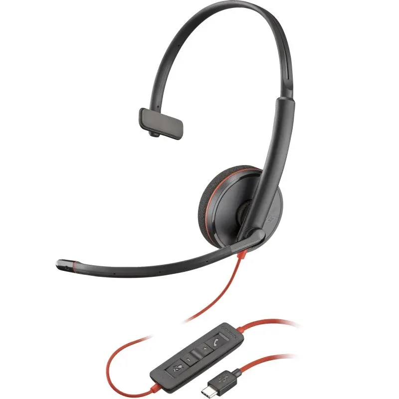 Poly Blackwire 3210 Headset Monaural USB-C Preto + Adaptador USB-C para USB-A