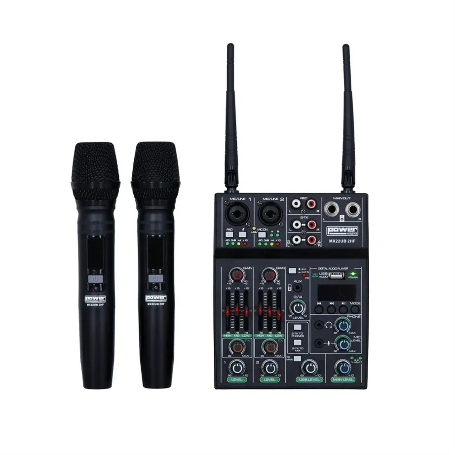 Mesa de Mistura PowerAcoustics MX 22 UB 2HF com microfones wireless