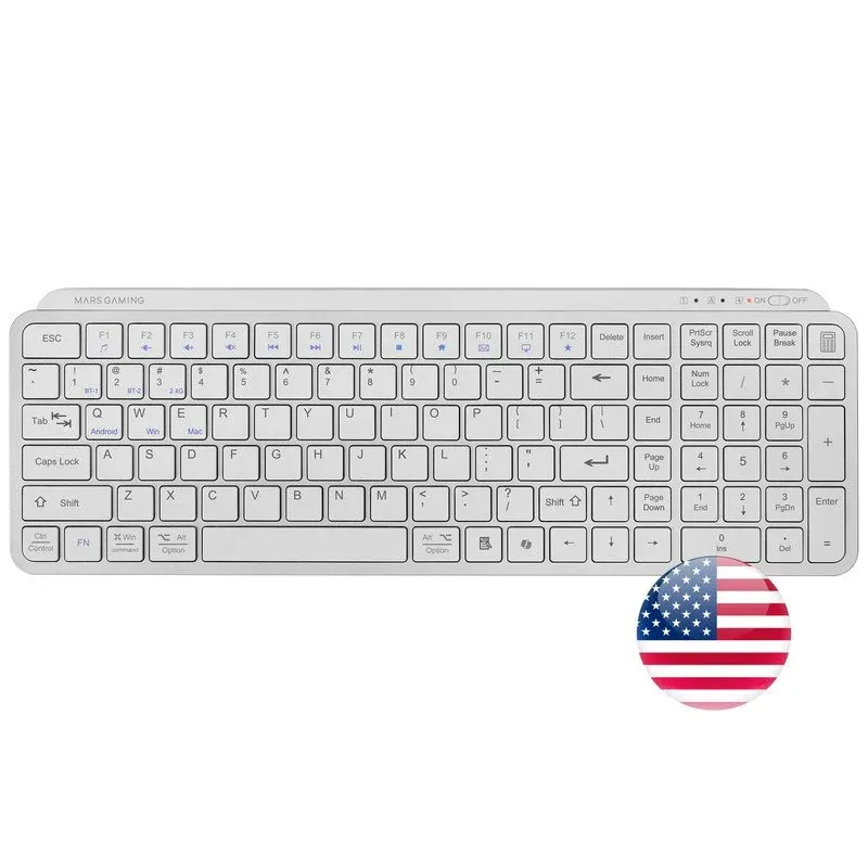 Teclado sem fios Mars Gaming Mk-silenkeys de baixo perfil e formato completo para PC/Mac, Inglês Americano, Branco