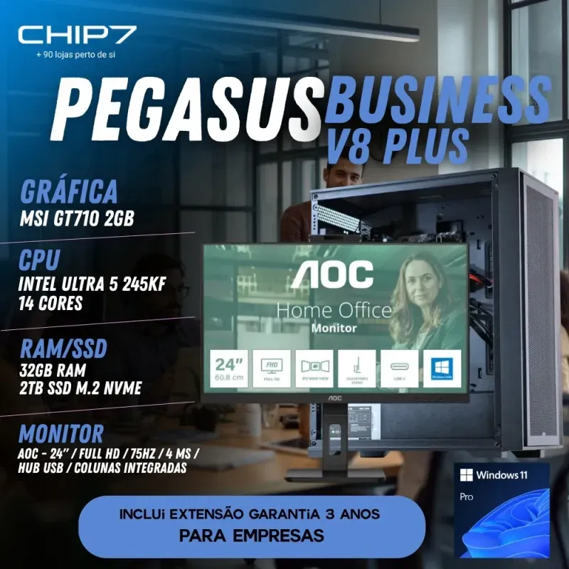 COMPUTADOR TRABALHO - Intel Ultra 5 245KF / GT 710 2GB DDR5 / 32GB RAM / 2TB SSD / Monitor AOC 24" Full HD IPS 4ms 75Hz 24P3CW / Windows 11 Pro - CHIP7 Pegasus Business V8 PLUS