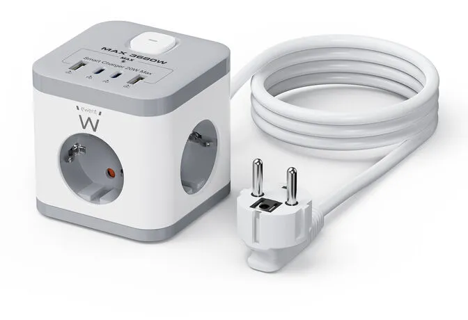 Bloco Tomada Ewent EW3863 Power Tower 3 Tomadas Schuko 16A + 2 USB-A + 2 USB-C 2m Branca/Cinza