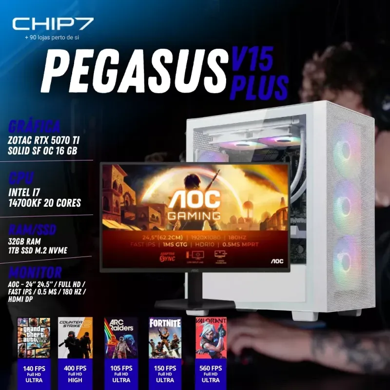 COMPUTADOR GAMING - Intel I7 14700KF / NVIDIA RTX 5070 TI 16GB / 32GB RAM / 1TB SSD / Monitor AOC 24.5" FHD 0.5ms 180 Hz - CHIP7 PEGASUS V15 Plus
