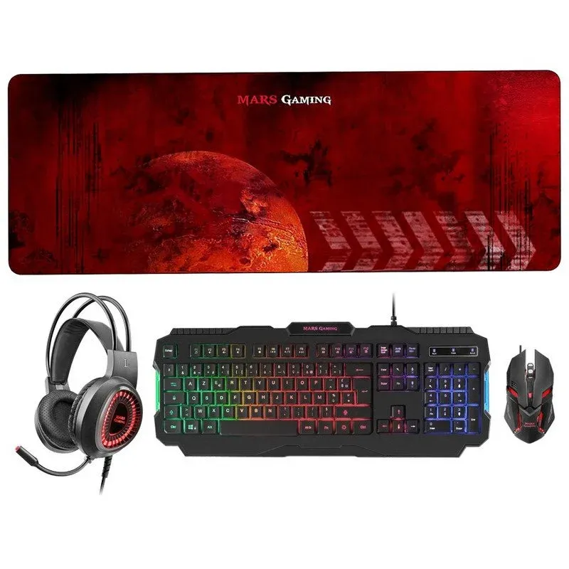 Mars Gaming MCPRGB2 Combo Gaming Teclado Francês Rato Tapete XXL Headset Pretos