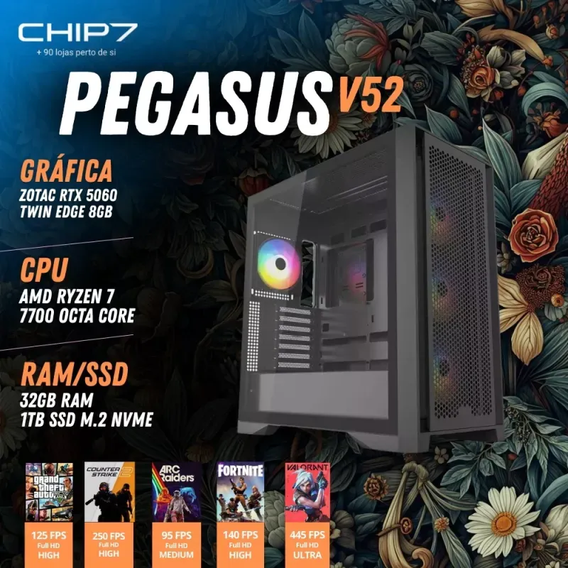 COMPUTADOR GAMING - AMD Ryzen 7 7700 / Zotac RTX 5060 8GB / 32GB RAM / 1TB SSD / Windows 11 Home - CHIP7 PEGASUS V52