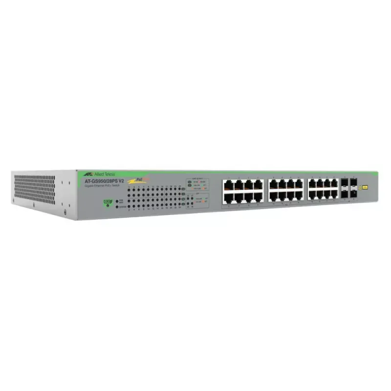 Allied Telesis 24 port 10/100/1000TX PoE+ plus 4 x 100/1000 SFP, WebSmart Switch, 185W PoE budget, EU Power Cord