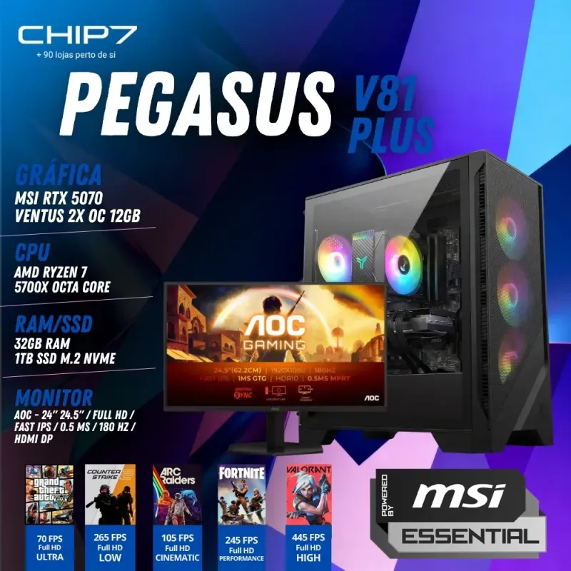 COMPUTADOR GAMING - AMD Ryzen 7 5700X / NVIDIA RTX 5070 12GB / 32GB RAM / 1TB SSD / Monitor AOC 24.5" FHD 0.5ms 180 Hz - CHIP7 Pegasus V81 Plus Powered By MSI