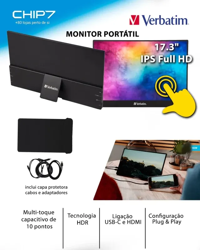 Monitor Portátil Verbatim - 17.3" Full HD IPS / Touch / HDR - PMT-17