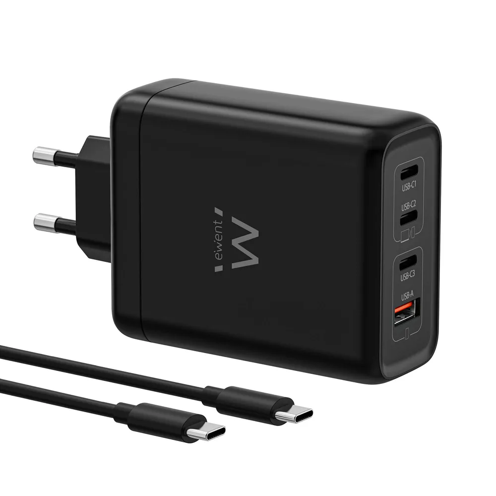 Carregador Ewent EW1337 140W GaN Fast Charger 4-port (3x USB-C PD + 1x USB-A QC) Preto + Cabo USB-C 2m
