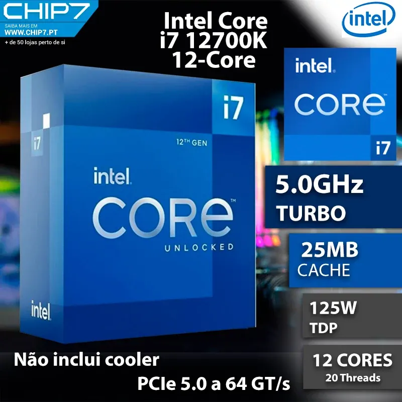 intel® Core I7-12700K 12 Cores (8P+4E) Threads 20, 3.6Ghz até 5Ghz 25MB Cache Boxed LGA1700 125w/190w - Sem Cooler