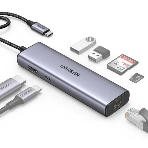 Adaptador USB-C UGREEN 90568 USB-C para 2xUSB 3.0 + HDMI + USB-C + RJ45 + SD/TF Cinzento