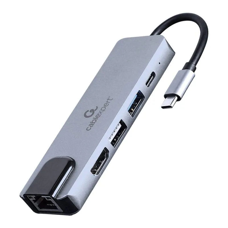 Adaptador USB-C Gembird 5-in-1 (Hub + HDMI + PD + LAN) Prateado