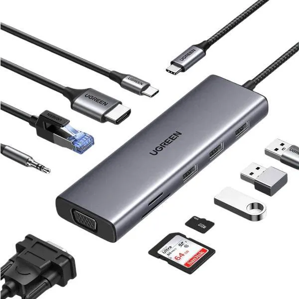 Adaptador USB-C UGREEN CM498 10-em-1 (3x USB-A 3.0 + 1x HDMI + 1x VGA + 1x RJ45 Gigabit + microSD + 1x Jack 3.5mm) Cinza