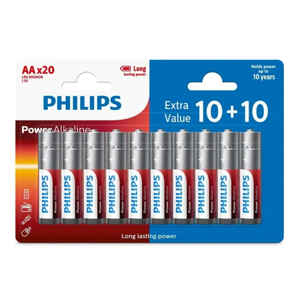 Pilhas Alcalinas Philips 10+10 Pack 1.5V LR6 AA