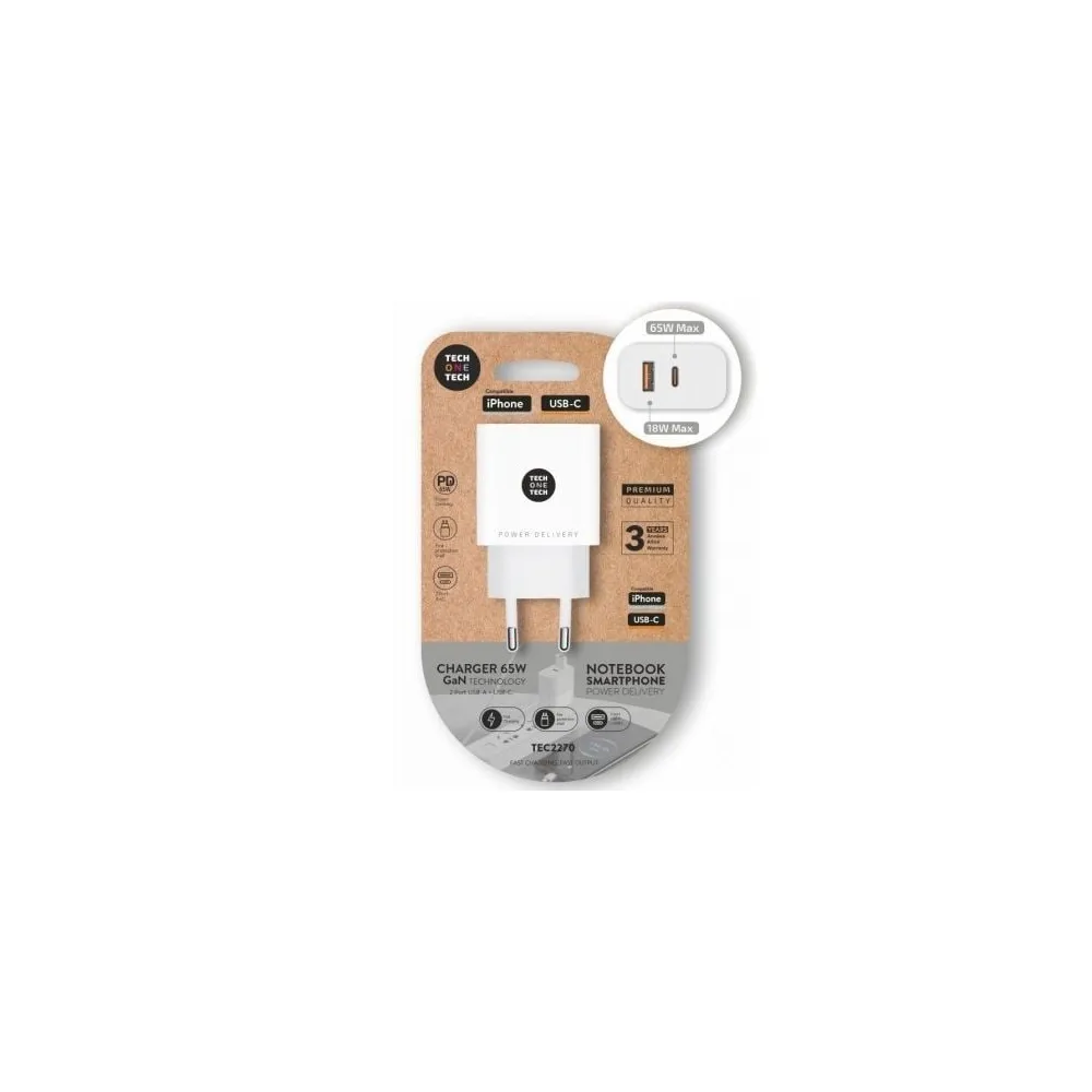 Tech One Tech Carregador de parede USB-A e USB-C GaN TEC2270