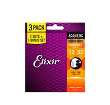 Jogo Cordas Guitarra Acústica Elixir Nanoweb 012-053 Pack 3