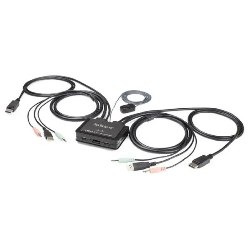 Startech 2 Port DisplayPort KVM Switch, 4K 60Hz, Compact Dual Port UHD DP 1.2 USB Desktop KVM Switch w/ Integrated 4ft Cables & Audio, Bus Powered & Remote Switching, MacBook ThinkPad - 4K KVM Switch w/ Audio (SV211DPUA4K) - Chave de KVM / áudio - 2