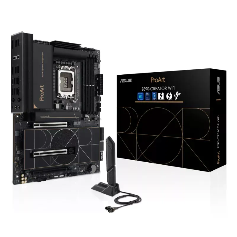 PROART Z890-CREATOR WIFI - Socket Intel LGA1851 (supports Intel Core Ultra processors with AI Boost, Chipset Z890), 4x DDR5 Slots (192GB, 9066+ MT/s OC), ATX, PCIe 5.0, 5x M.2, 3x Thunderbolt (2x Thunderbolt 5), Wi-Fi 7, 10Gb + 2.5Gb Ethernet.