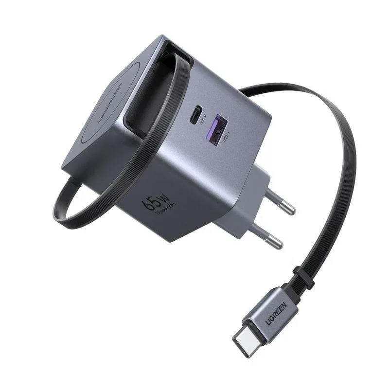 Carregador Ugreen Nexode Pro 65W GaN Cabo Retrátil USB-C USB-A Compacto