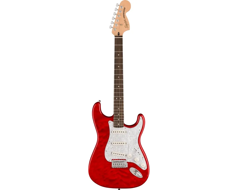 Squier by Fender FSR Affinity Stratocaster QMT LRL WPPG Crimson Red Transparent.