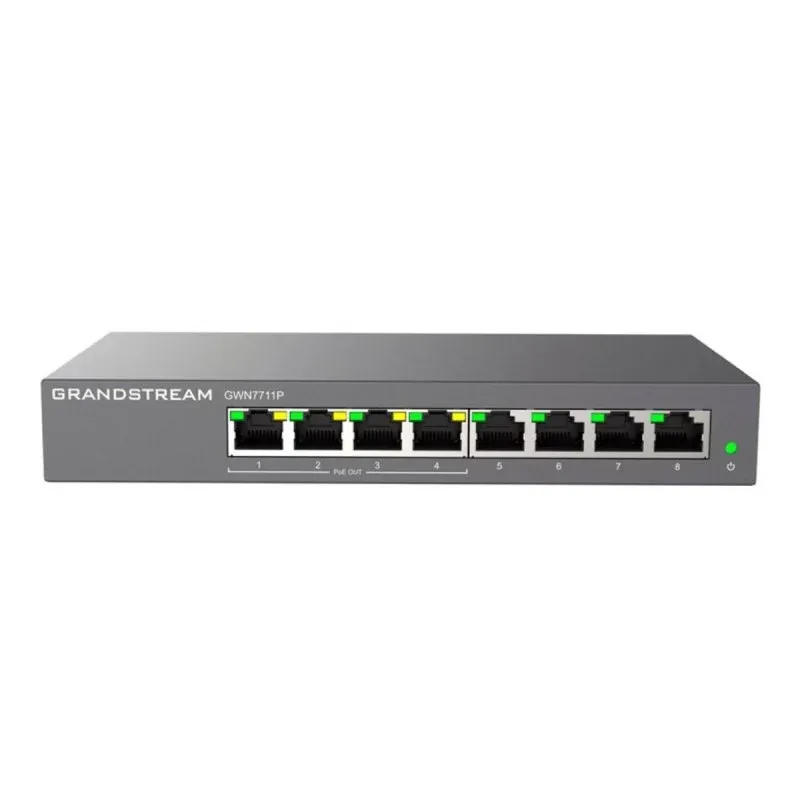 Grandstream GWN7711P 8x GbE RJ45 4x PoE/PoE+ ou +24 VCC Switch Passivo Camada 2