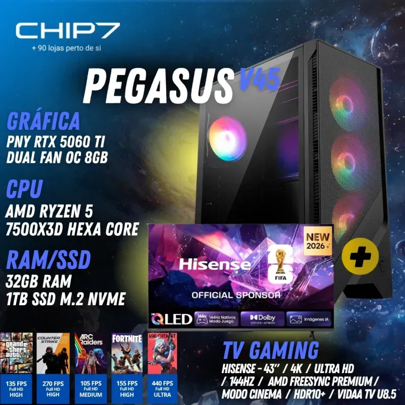 COMPUTADOR GAMING - I5 14400F / RTX 5060 TI 16GB / 32GB / 1TB SSD / Televisão Gaming Smart TV Hisense - CHIP7 PEGASUS V45